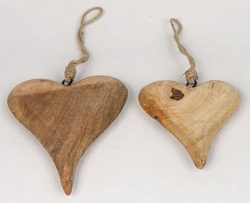 Mango Wood Set Of 2 Hanging Hearts Natural